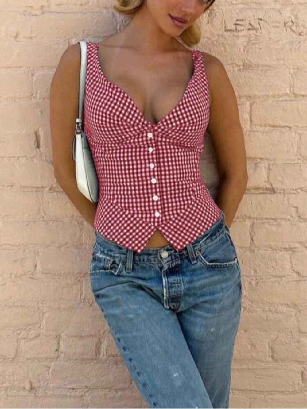 SHEIN Red Gingham Button-Up Corset Tank